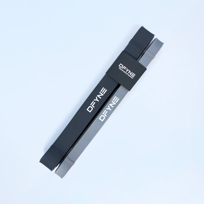 Resistance bands 2-pack: two flat black loop bands with printed DEYNE branding