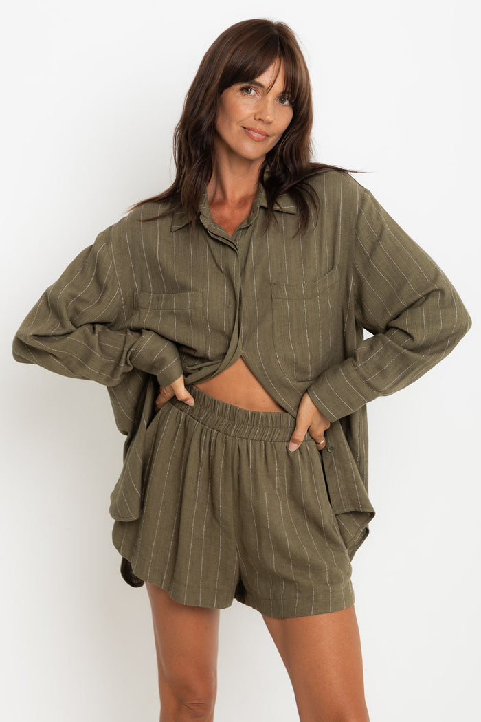 Riley Pinstripe Shorts - Olive Green - The Self Styler
