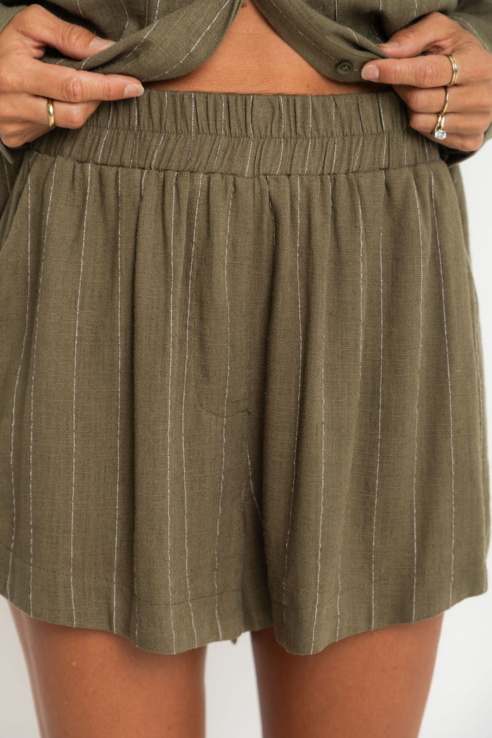 Riley Pinstripe Shorts - Olive Green - The Self Styler