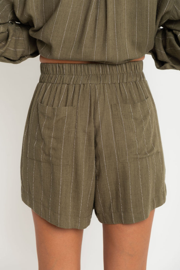 Riley Pinstripe Shorts - Olive Green - The Self Styler