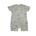 Grayish blue baby romper with animal prints on a white background