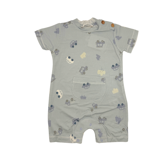 Grayish blue baby romper with animal prints on a white background