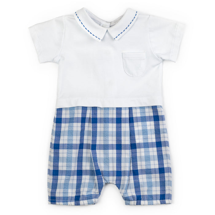 Baby romper with white shirt and blue plaid shorts on a white background