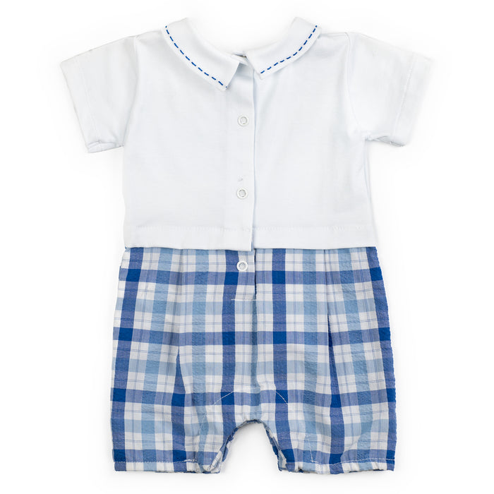 Baby romper with white shirt and blue plaid shorts on a white background