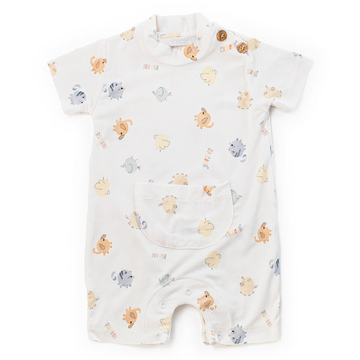 Baby romper with animal pattern on a white background