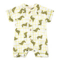 Children's romper with green car pattern on a white background