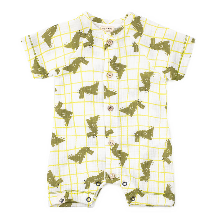Children's romper with green car pattern on a white background