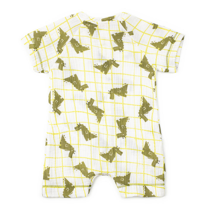 Baby romper with green animal pattern on a white background