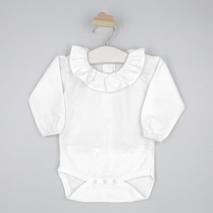 White baby bodysuit with ruffled collar on a gray background