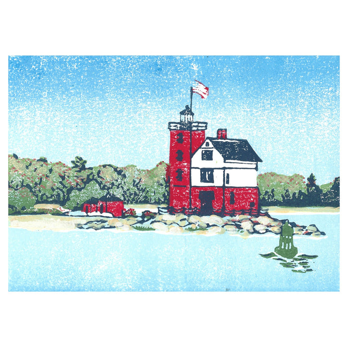 Nautical art created by Natalia Wohletz of Peninsula Prints, Mackinac Island. Round Island Light is a four-color linoleum block print of one of Michigan's most beloved lighthouses.