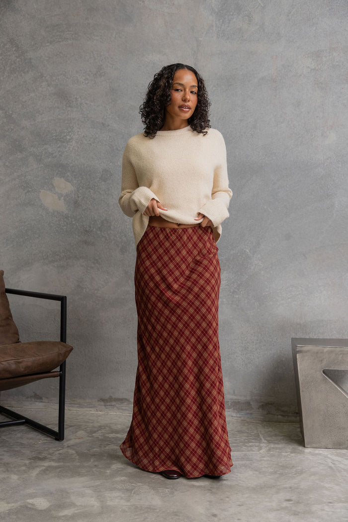 Rowie Plaid Maxi Skirt - Burgundy