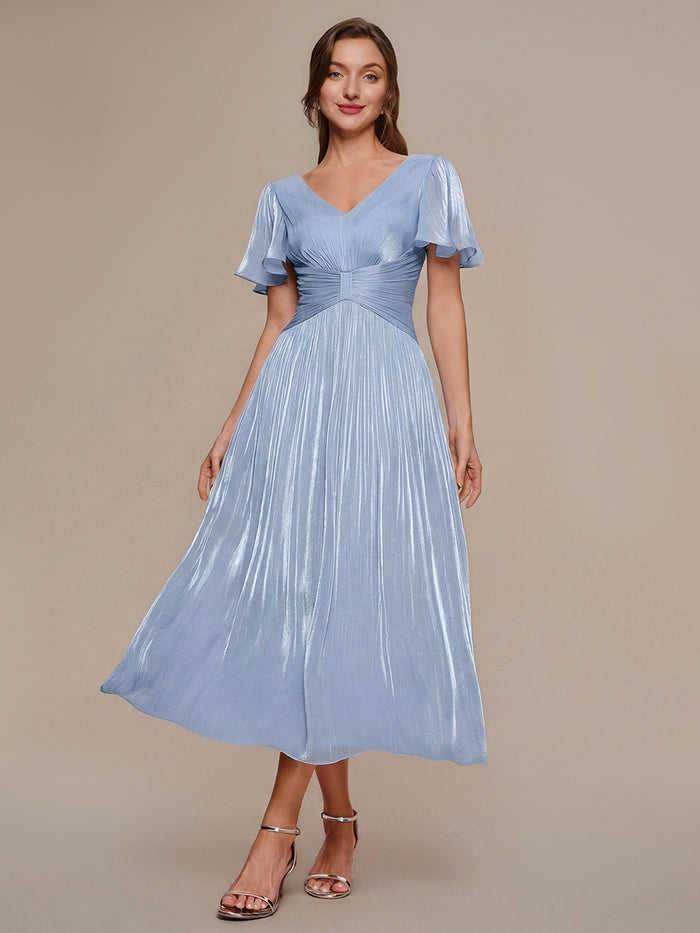 Ruffled Sea-island Ruffle Sleeve Midi Wedding Guest Dress #color_Light Dusty Blue