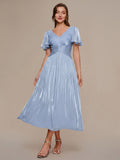 Ruffled Sea-island Ruffle Sleeve Midi Wedding Guest Dress #color_Light Dusty Blue