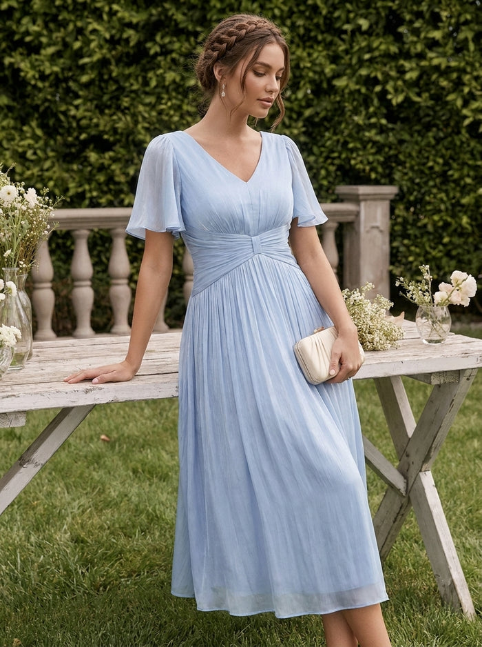 Ruffled Sea-island Ruffle Sleeve Midi Wedding Guest Dress #color_Light Dusty Blue