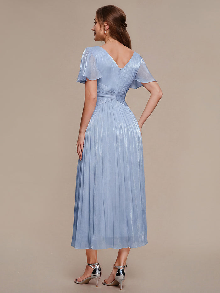 Ruffled Sea-island Ruffle Sleeve Midi Wedding Guest Dress #color_Light Dusty Blue