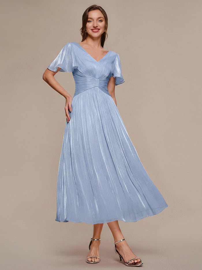 Ruffled Sea-island Ruffle Sleeve Midi Wedding Guest Dress #color_Light Dusty Blue