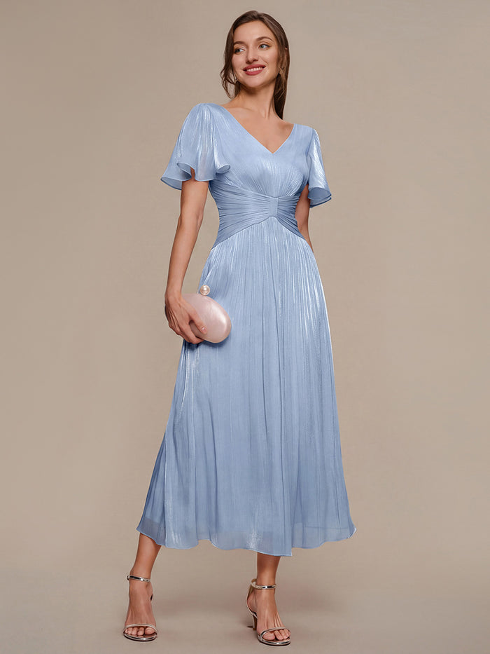 Ruffled Sea-island Ruffle Sleeve Midi Wedding Guest Dress #color_Light Dusty Blue