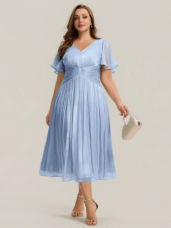 Ruffled Sea-island Ruffle Sleeve Midi Wedding Guest Dress #color_Light Dusty Blue