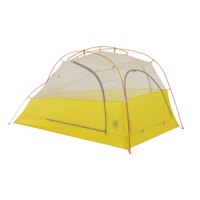 The Big Agnes Returns Salt Creek 2 is a lightweight yellow and gray backpacking tent with mesh upper panels for panoramic views and orange poles, shown set up on a white background.