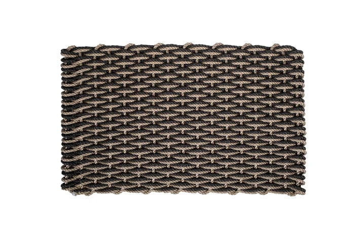 Rectangular rope doormat with charcoal and sand interwoven pattern.