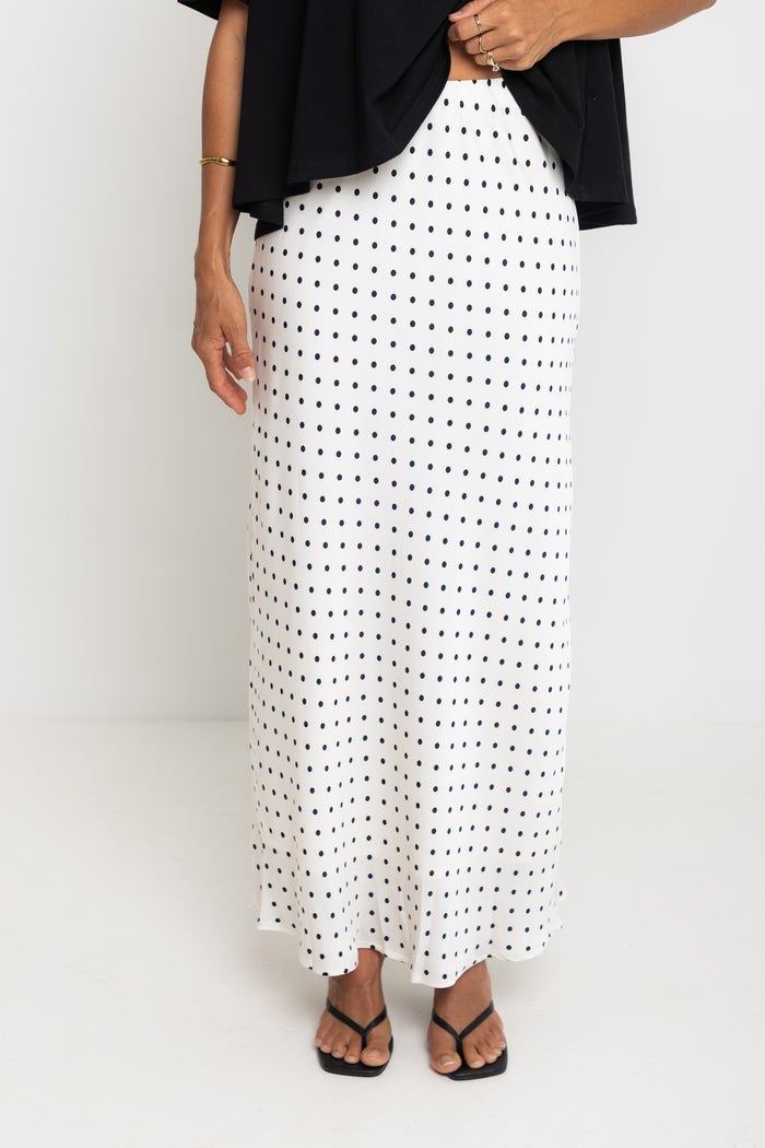 Saski Maxi Skirt - White with Black Polka Dots - The Self Styler