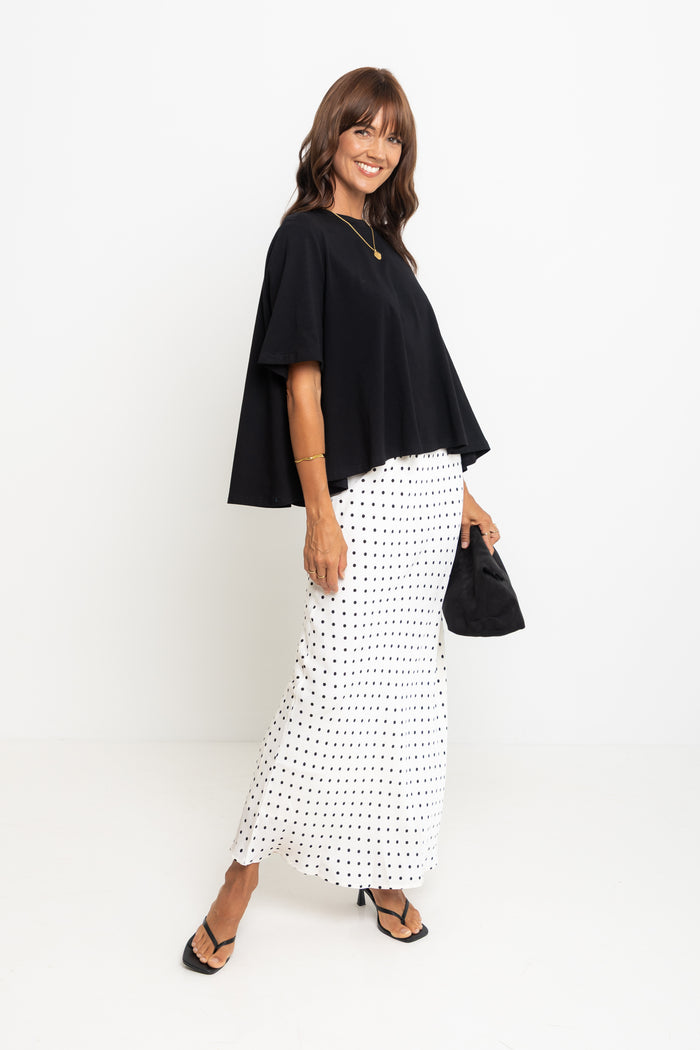 Saski Maxi Skirt - White with Black Polka Dots - The Self Styler