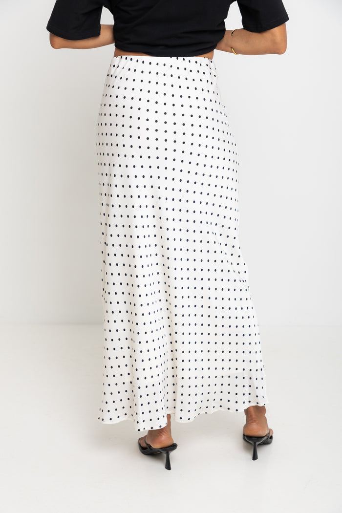 Saski Maxi Skirt - White with Black Polka Dots - The Self Styler