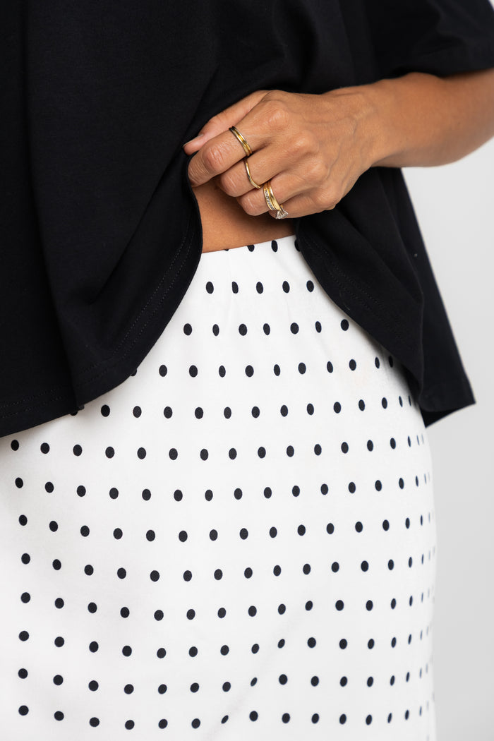 Saski Maxi Skirt - White with Black Polka Dots - The Self Styler