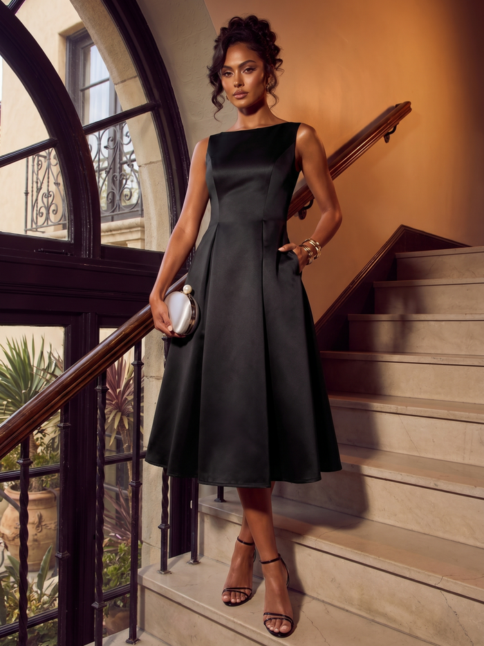 Satin Sleeveless Ball-Gown Wedding Guest Dress #color_Black