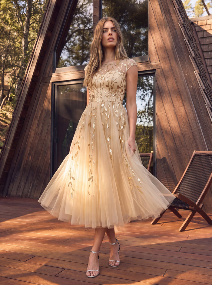 See-through Sequin Cap Sleeve Wedding Guest Dress #color_Gold