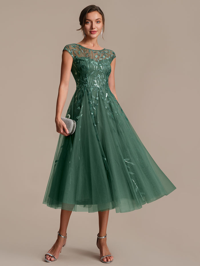 See-through Sequin Cap Sleeve Wedding Guest Dress #color_Eucalyptus