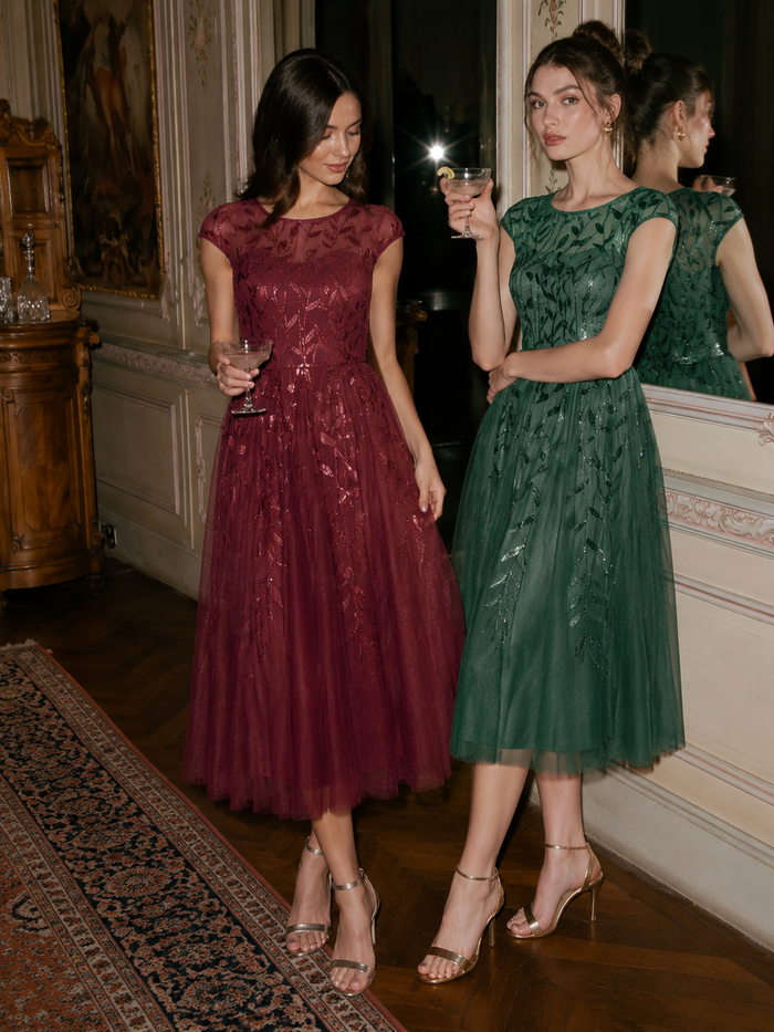 See-through Sequin Cap Sleeve Wedding Guest Dress #color_Burgundy