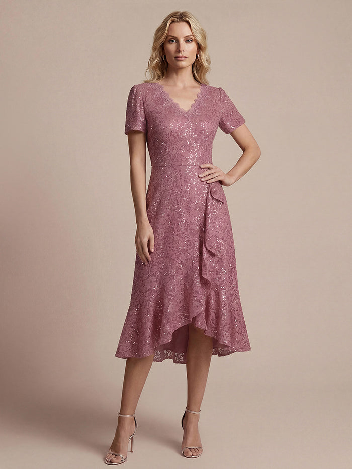 Sequin Lace Puff Sleeve Wedding Guest Dress #color_Purple Orchid