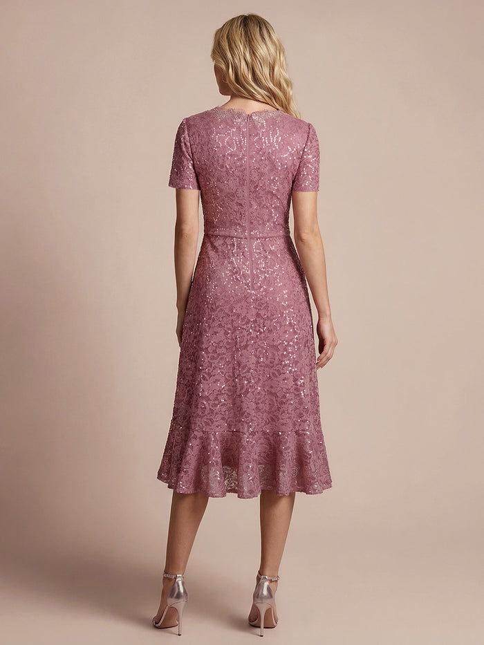 Sequin Lace Puff Sleeve Wedding Guest Dress #color_Purple Orchid