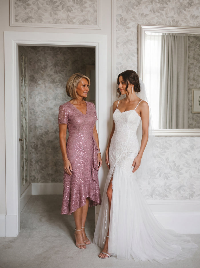 Sequin Lace Puff Sleeve Wedding Guest Dress #color_Purple Orchid