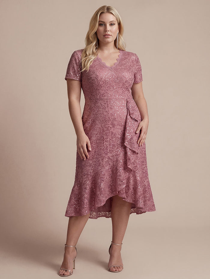 Sequin Lace Puff Sleeve Wedding Guest Dress #color_Purple Orchid
