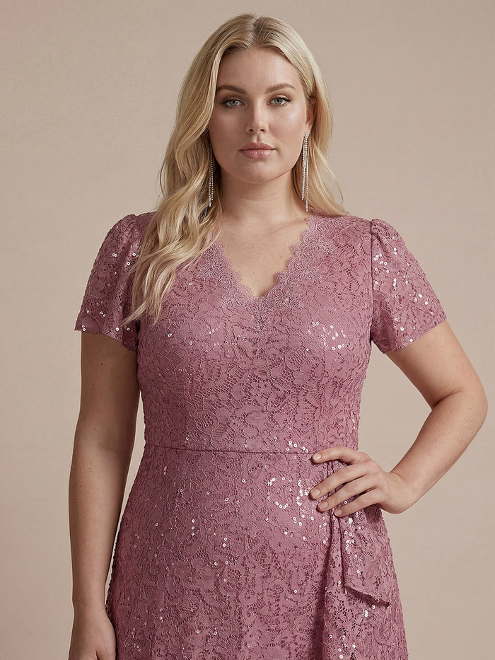Sequin Lace Puff Sleeve Wedding Guest Dress #color_Purple Orchid