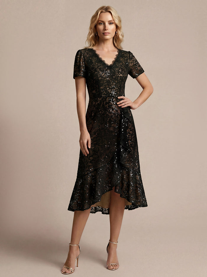 Sequin Lace Puff Sleeve Wedding Guest Dress #color_Black