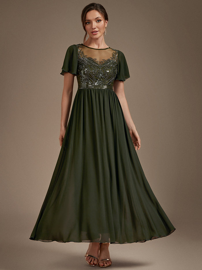Sequin Tulle Ruffle Sleeve Evening Dress #color_Olive Green