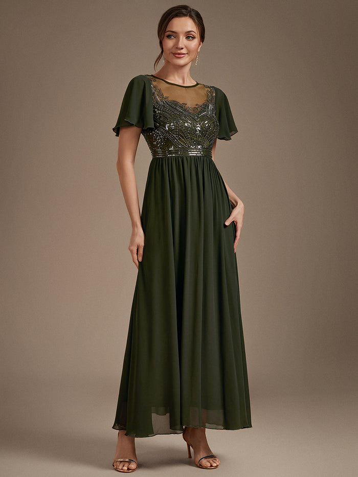 Sequin Tulle Ruffle Sleeve Evening Dress #color_Olive Green