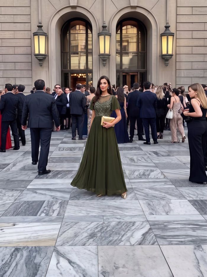 Sequin Tulle Ruffle Sleeve Evening Dress #color_Olive Green