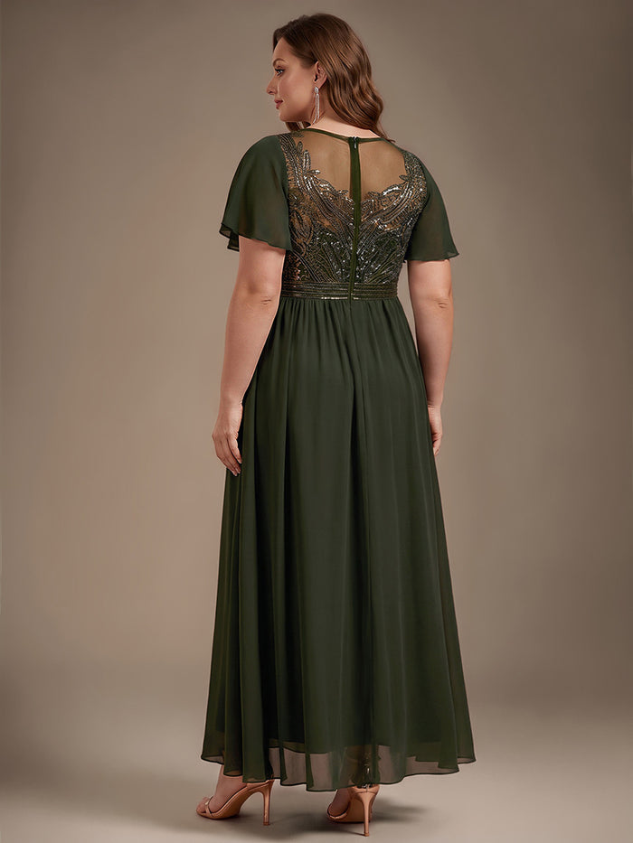 Sequin Tulle Ruffle Sleeve Evening Dress #color_Olive Green
