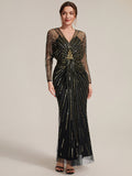 Sequin Tulle Batwing Sleeve Evening Dress #color_Midnight Gold