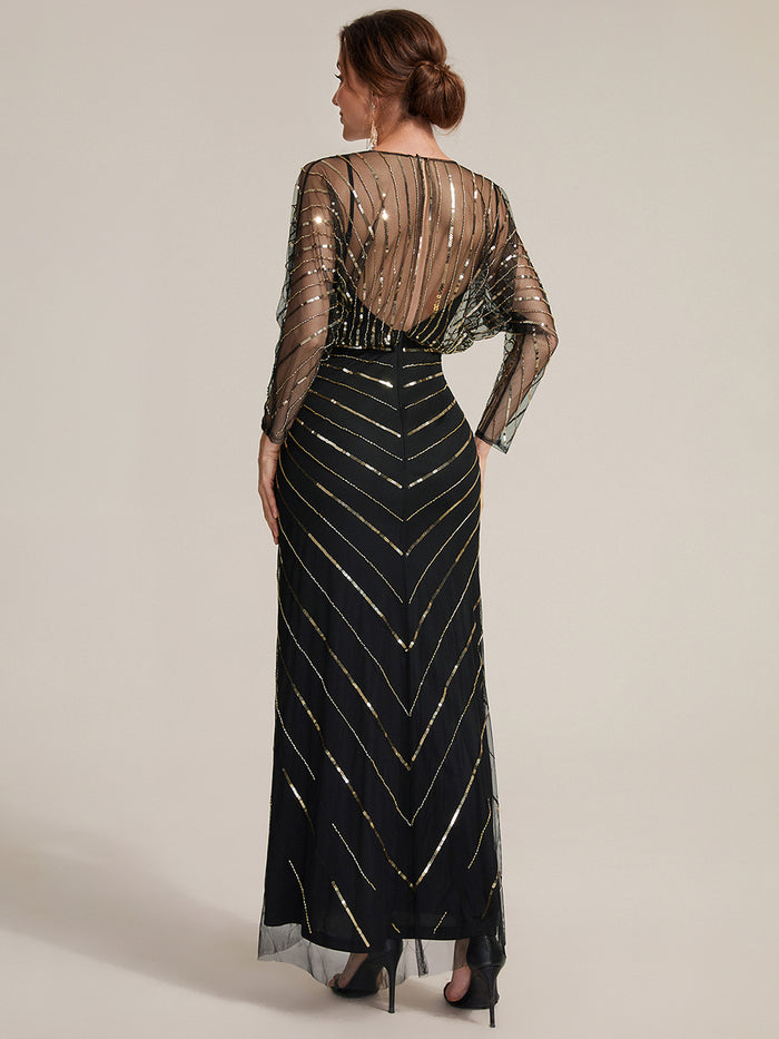 Sequin Tulle Batwing Sleeve Evening Dress #color_Midnight Gold