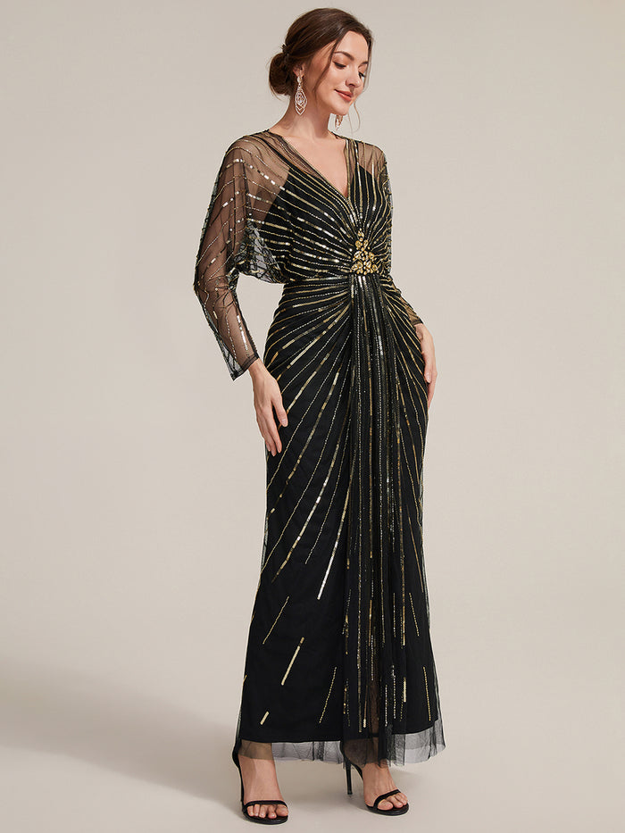 Sequin Tulle Batwing Sleeve Evening Dress #color_Midnight Gold