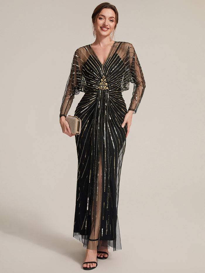 Sequin Tulle Batwing Sleeve Evening Dress #color_Midnight Gold