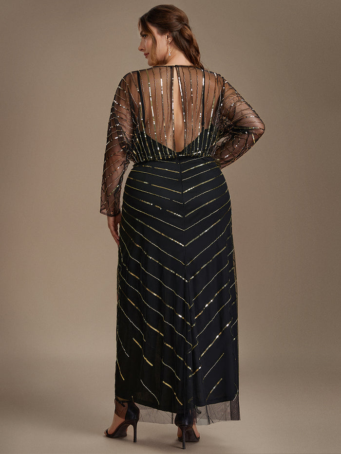 Sequin Tulle Batwing Sleeve Evening Dress #color_Midnight Gold