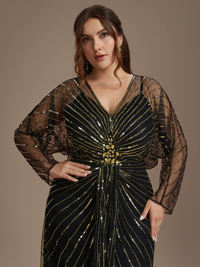 Sequin Tulle Batwing Sleeve Evening Dress #color_Midnight Gold