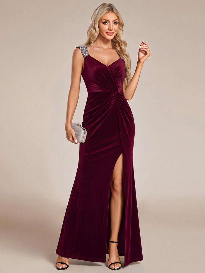 Sequin Velvet Sleeveless Evening Dress #color_Burgundy