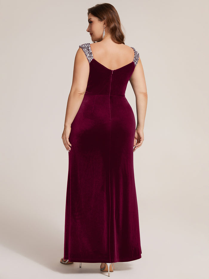 Sequin Velvet Sleeveless Evening Dress #color_Burgundy